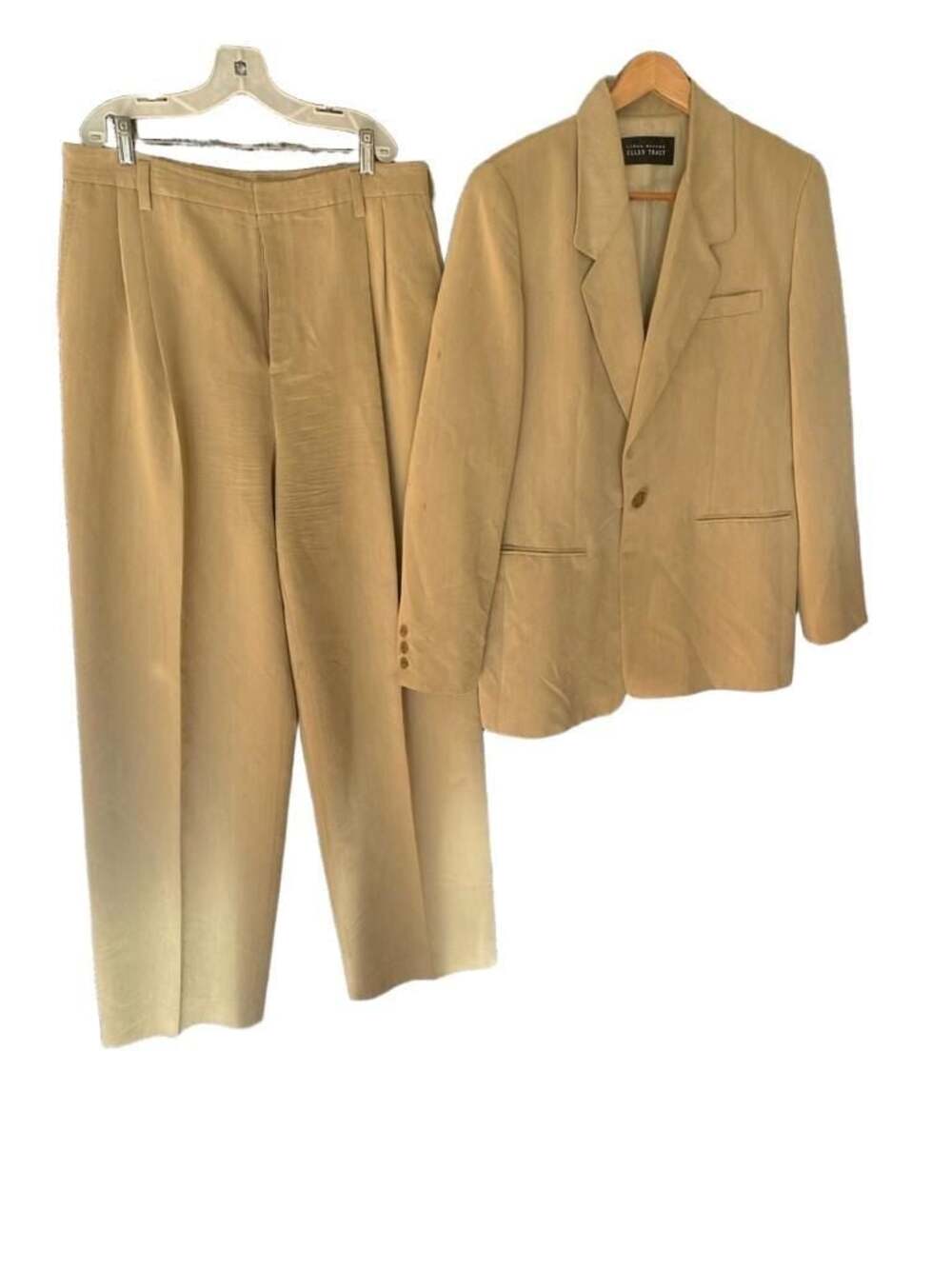 Linda Allard Ellen Tracy Vintage Tan Khaki Blazer and Trousers Suit Set